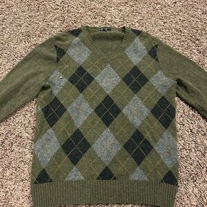 J. Crew Olive and Gray Argyle V-Neck Sweater - 100% Lamb Wool, Large